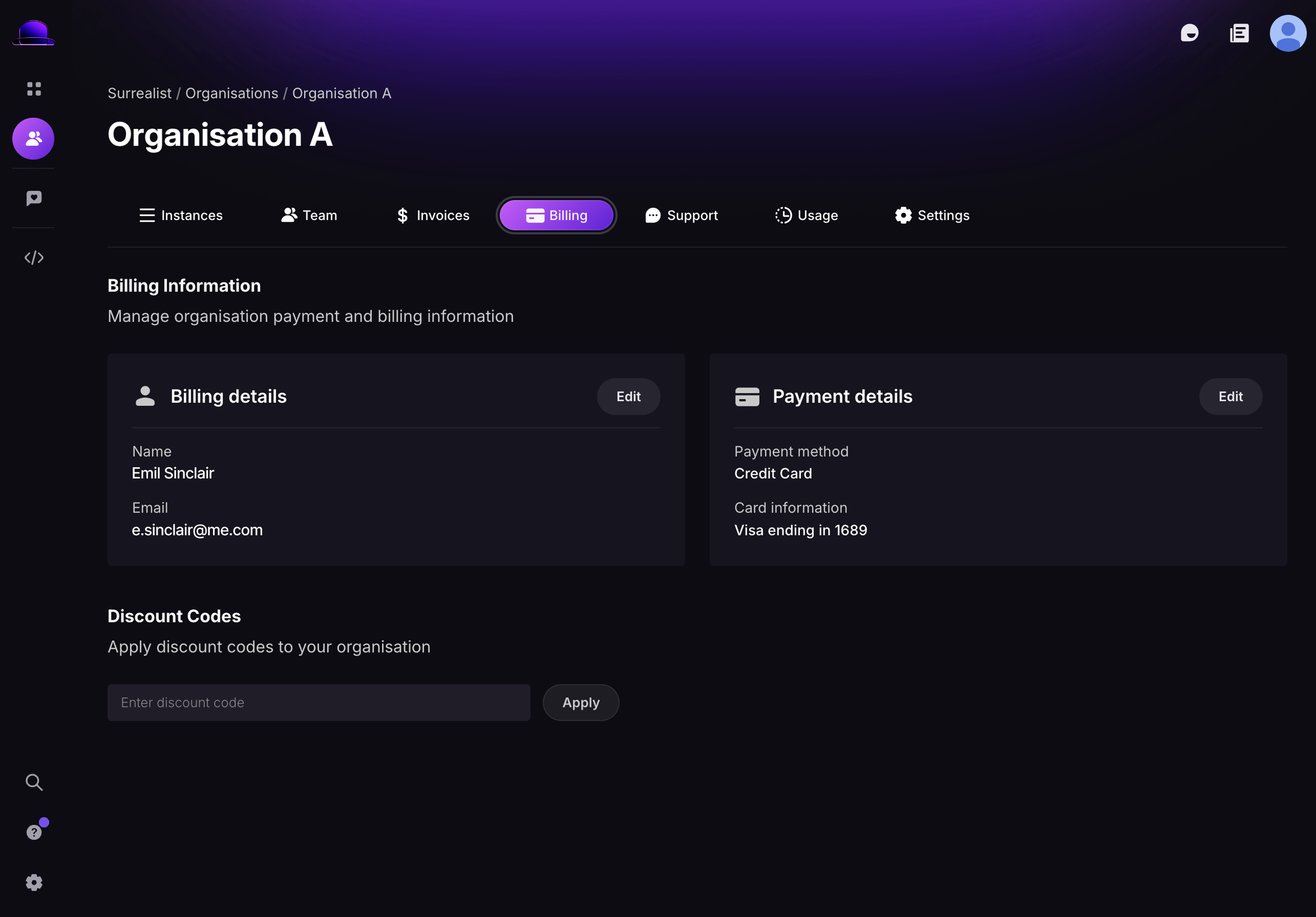 The Billing tab in the Surrealist UI, showing billing details, payment details, and discount codes for an organisation.