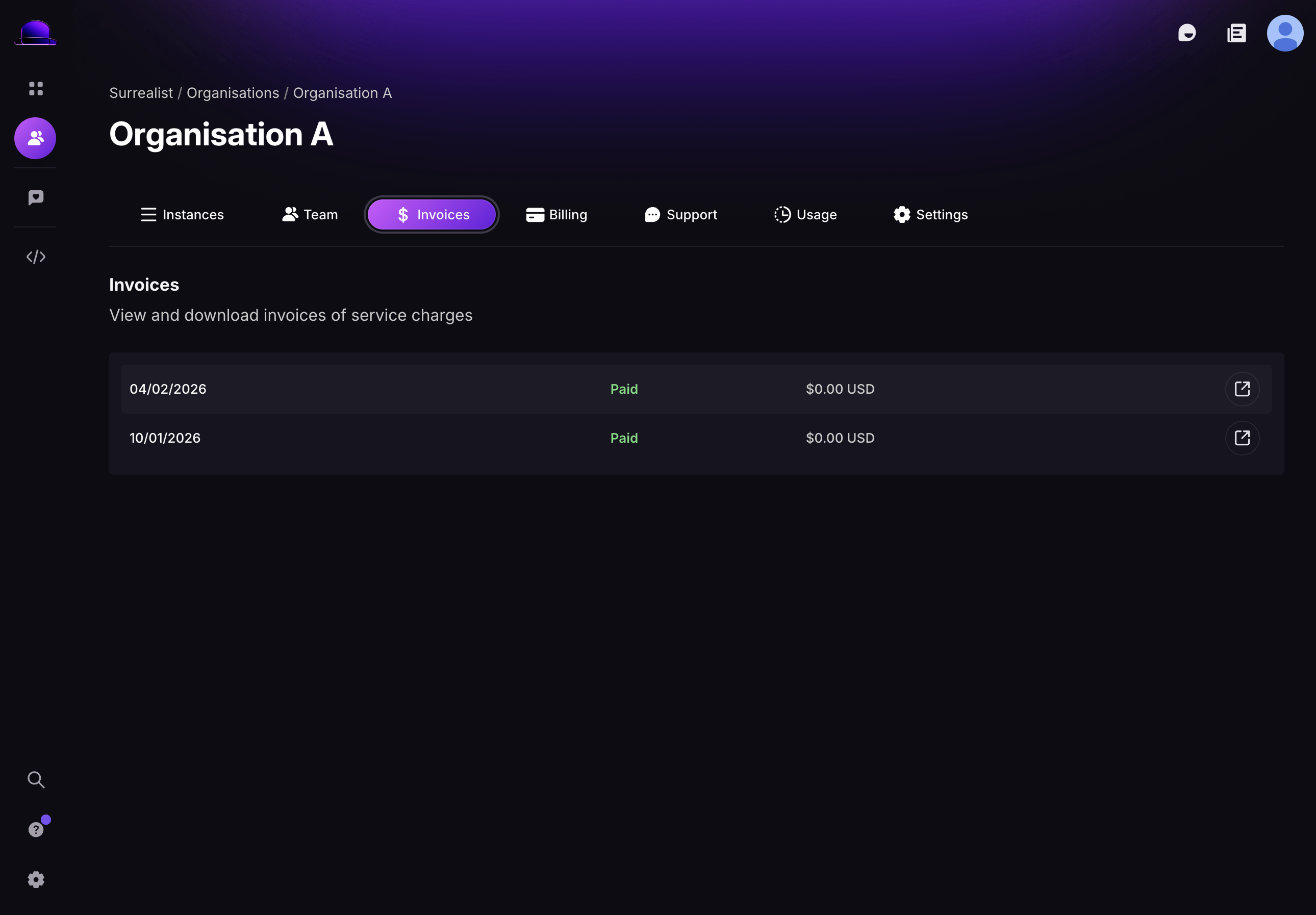 The Invoices tab in the Surrealist UI, showing the available invoices for an organisation to download and view.